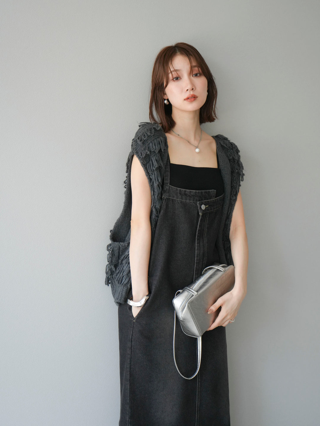 [SET]ループデザインベスト+アシンメトリーデニムワンピース(2set)