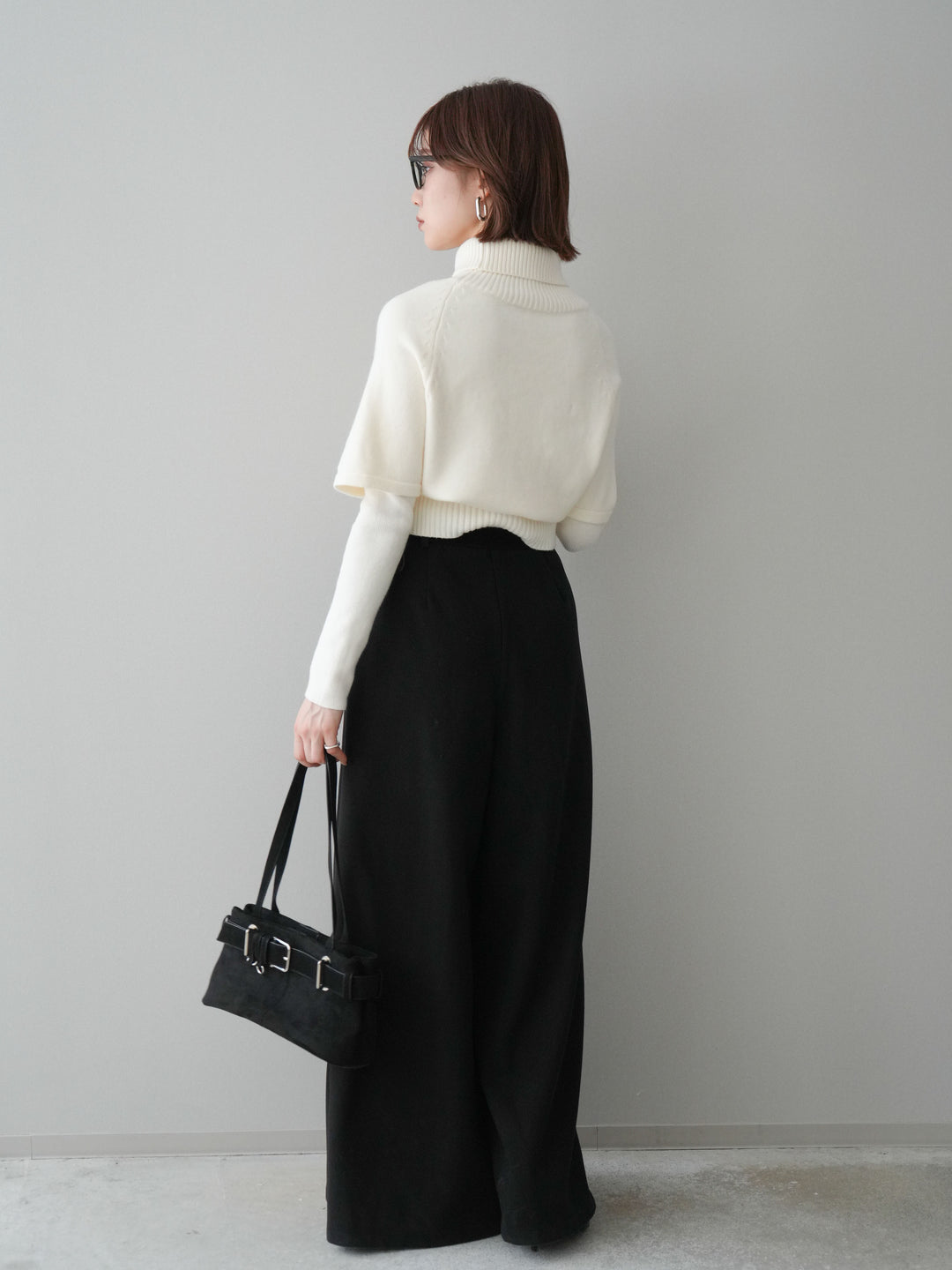 [予約]ベルト付きフロントタックワイドパンツ/black