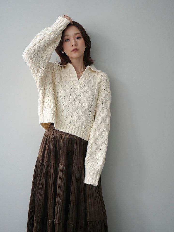 [SET]バルキーケーブルクロップド開襟プルオーバー+ベロアティアードワッシャースカート(2set)