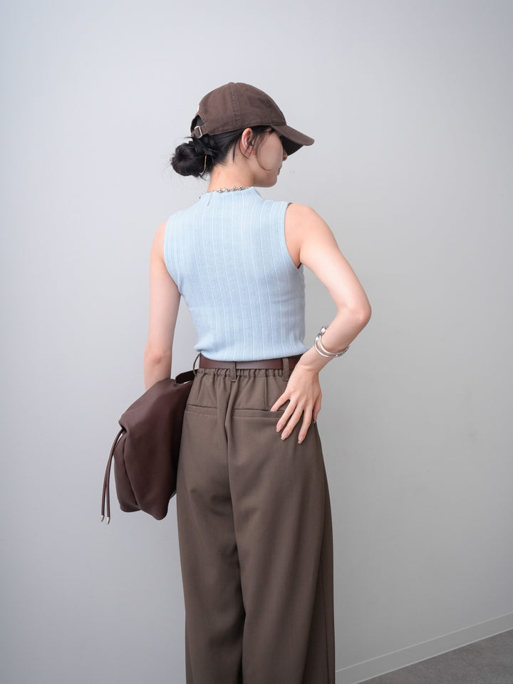 [SET]ランダムリブハイネックノースリニットトップス+クレープデシンタックワイドパンツ(2set)