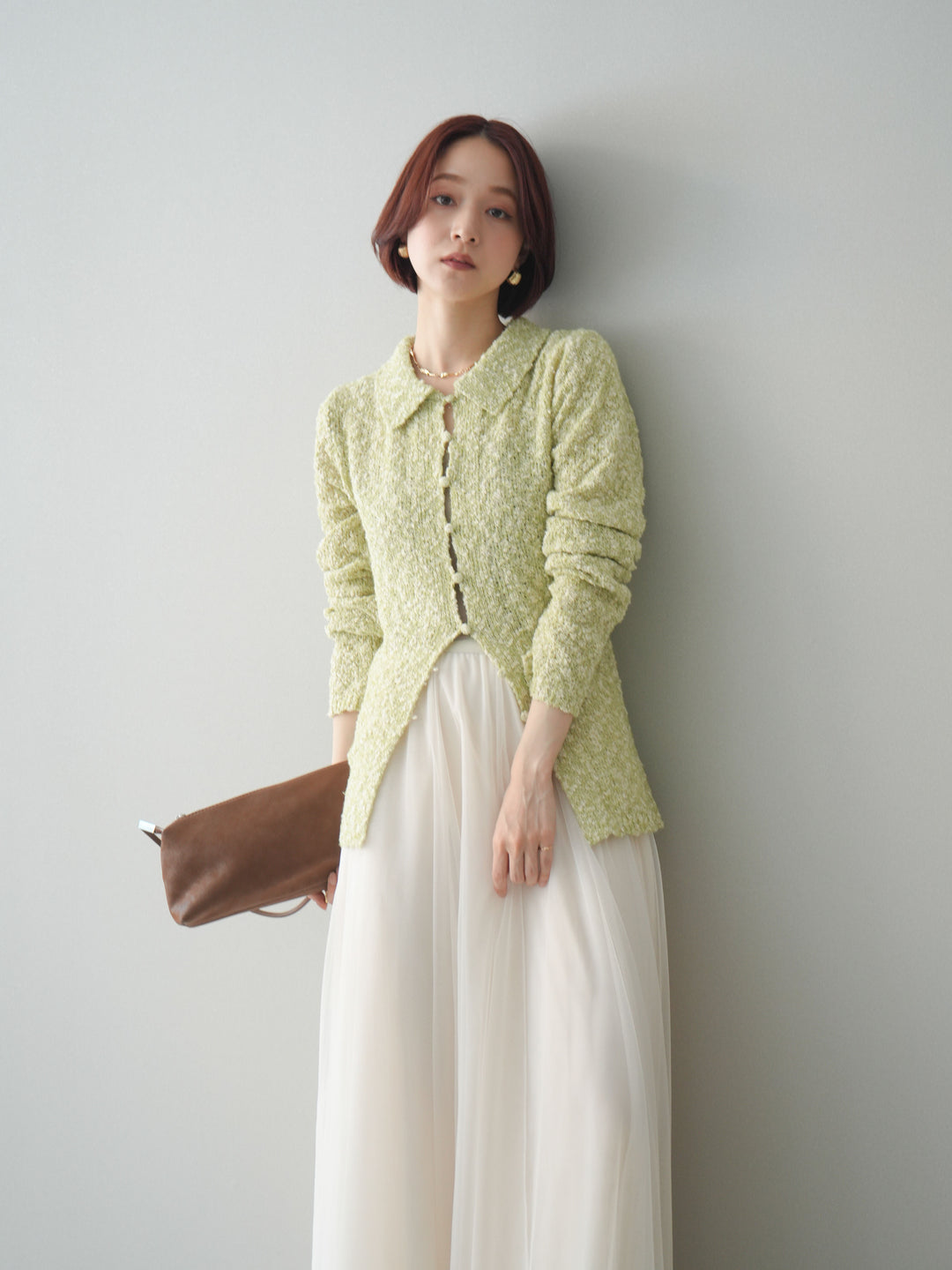 [予約]透かし編みブークレポロニットトップス/green