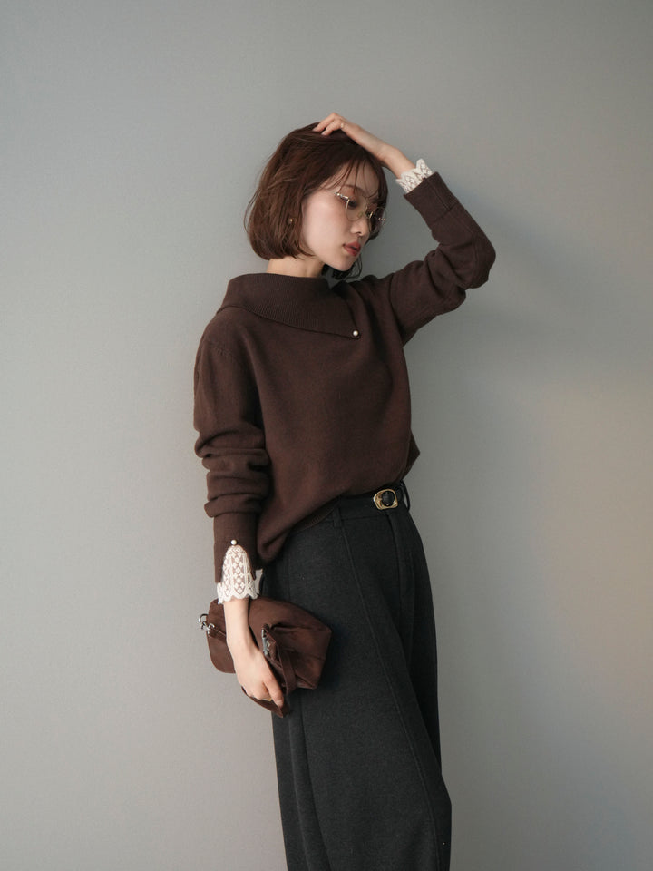 [SET]袖レースパール付き配色ニットトップス+ウールタッチカーブパンツ(2set)