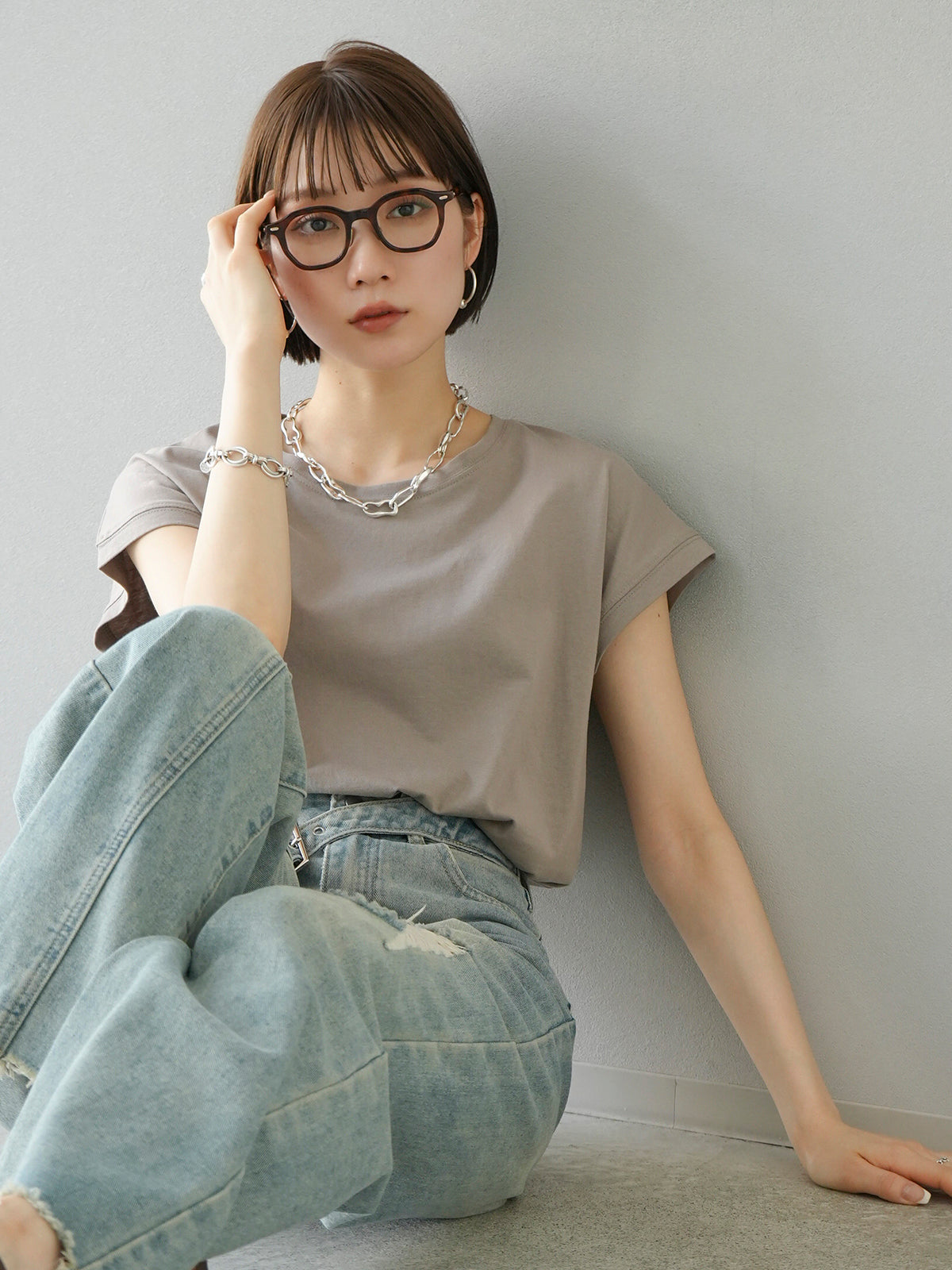 MAISON LABICHE ■ ② 24070910003610 embroidery TEE フレンチスリーブ レディース グレー S Women's t-shirts with embroidery: high quality - Maison Labiche