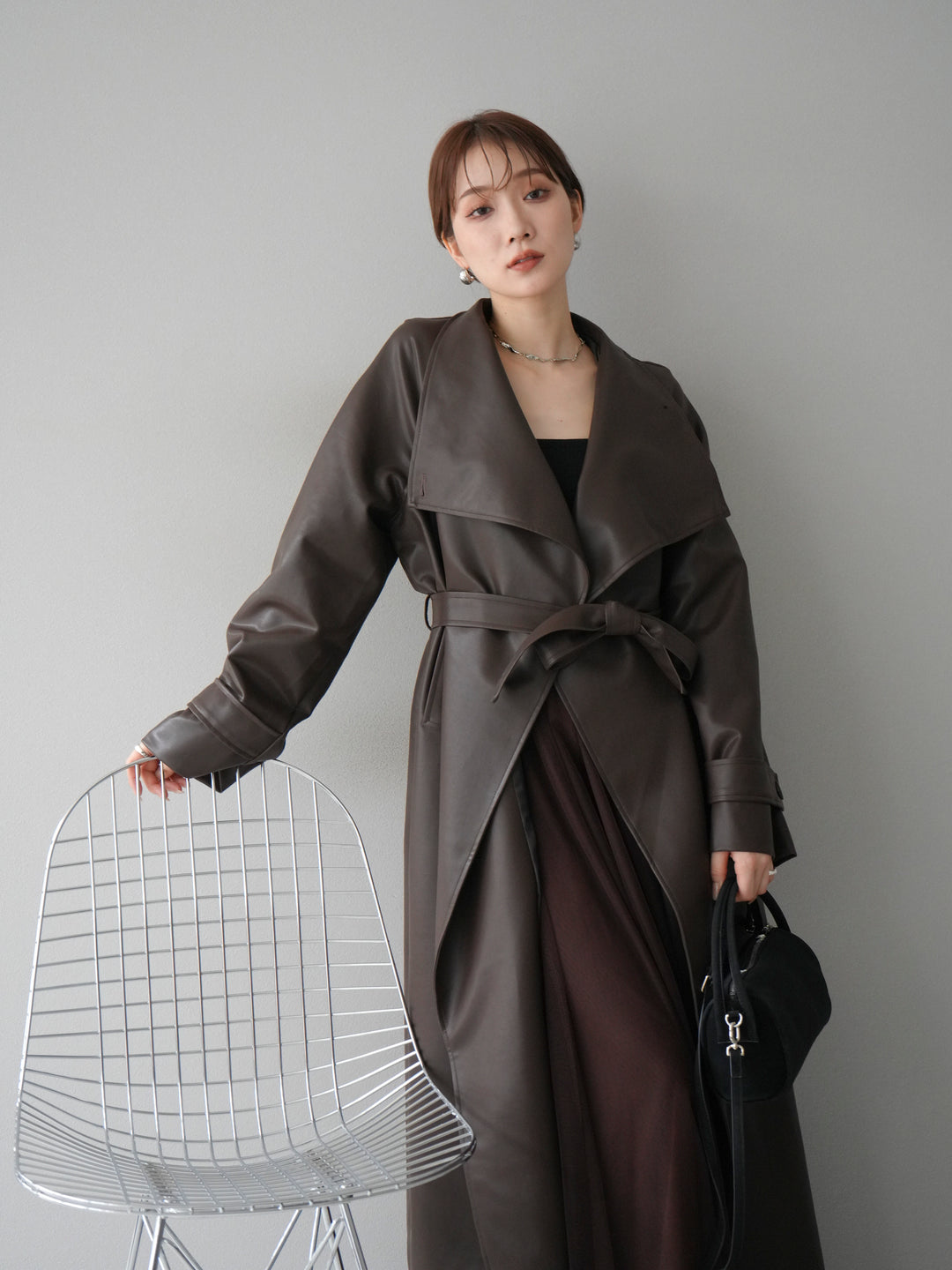 [予約]BIGカラーレザーロングコート/ブラウン