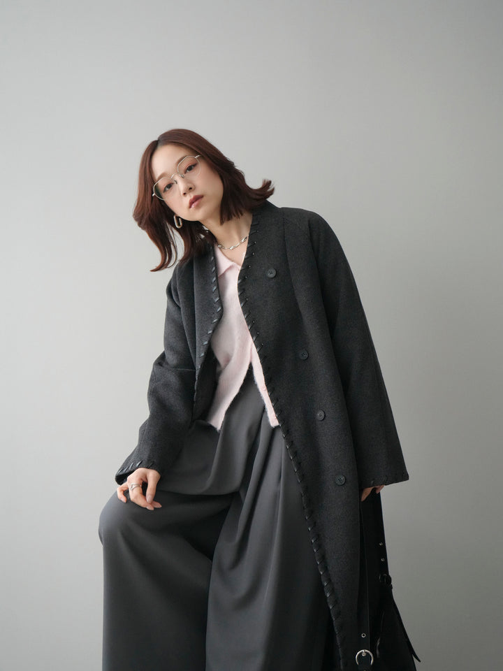 [SET]ハンドステッチ裏中綿ロングコート+モヘア衿付きボタンプルオーバー+テープベルトタックバギーパンツ(3set)