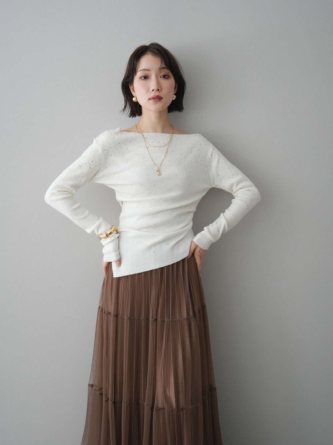 [予約]ラインストーンアシンメトリーニットトップス/ivory