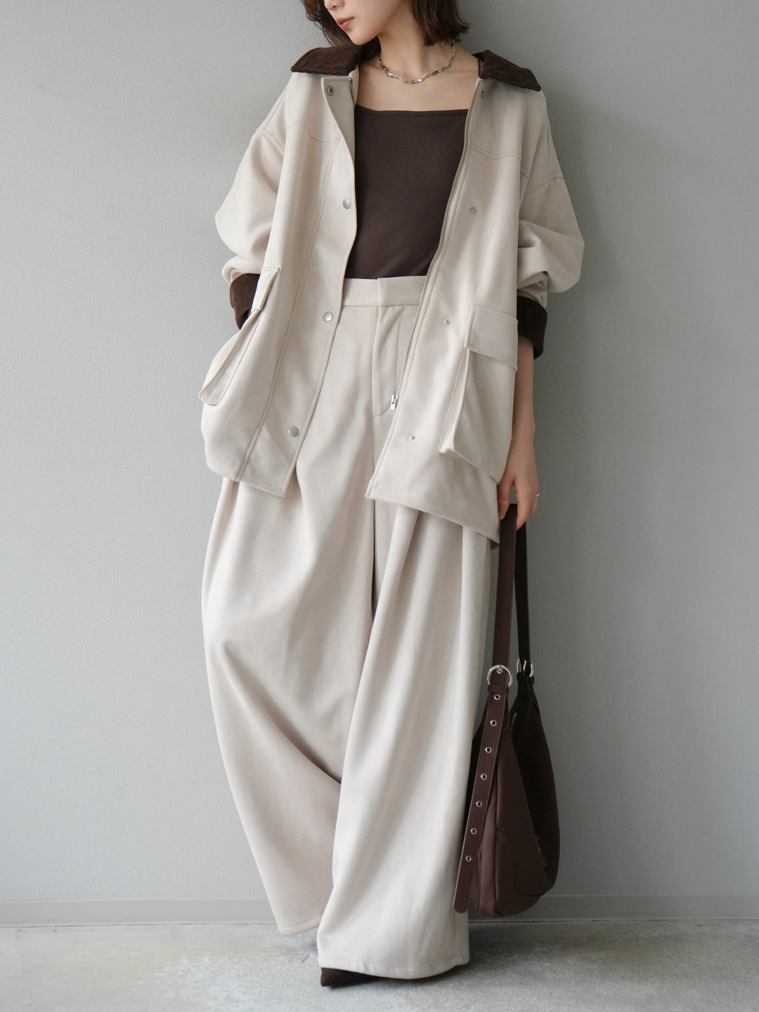 [予約]コーデュロイ襟スウェードミドルジャケット /エクリュ