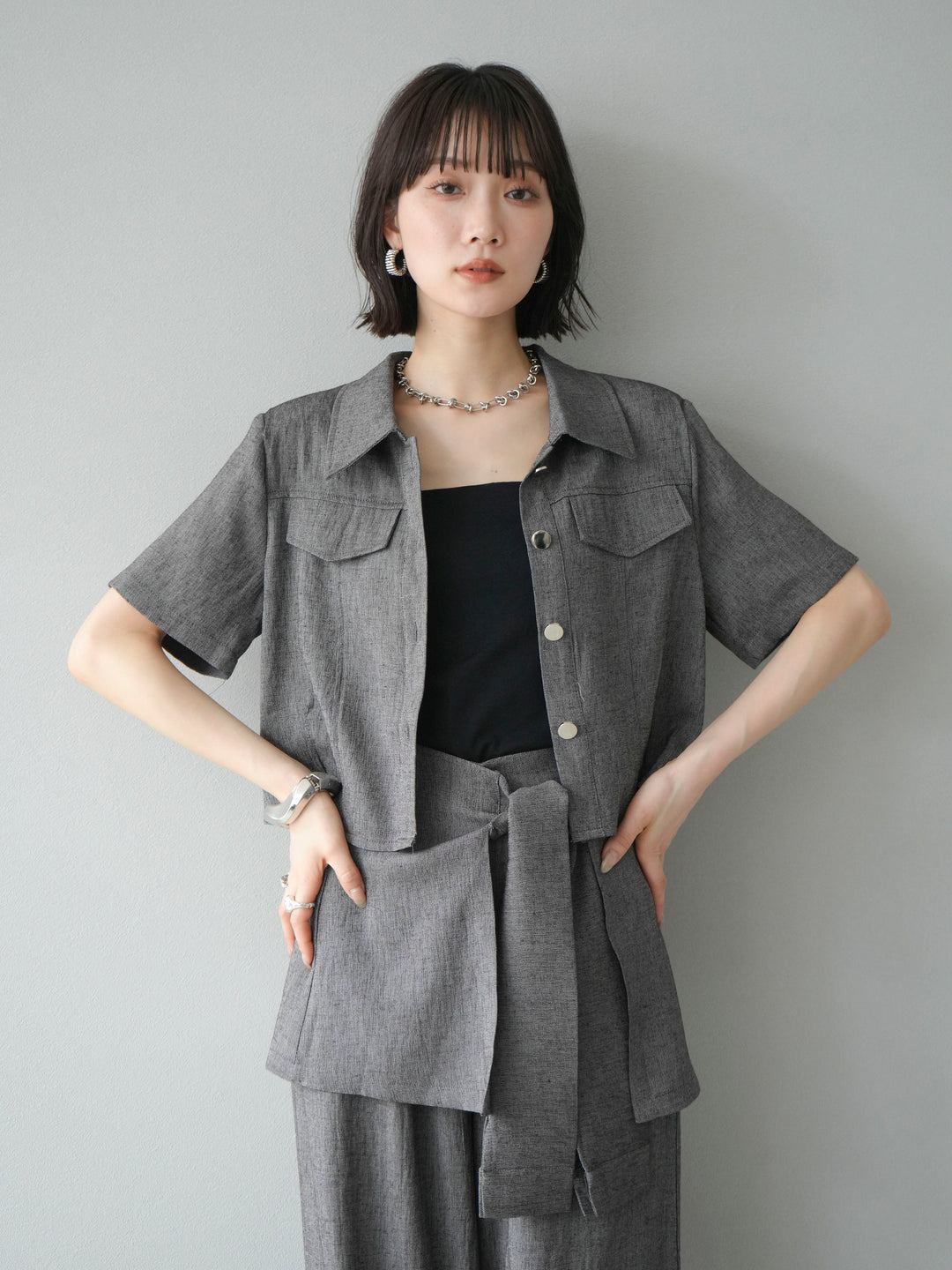 [SET]リネンタッチハーフシャツ＆ラップワイドパンツSET UP(2set)