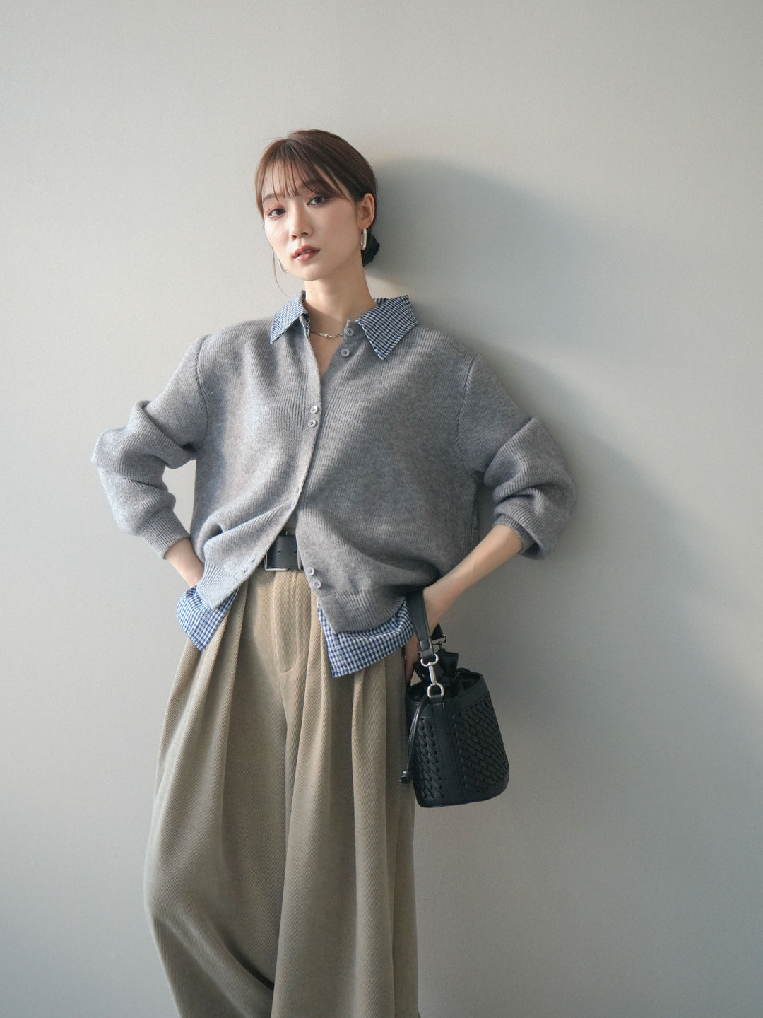 [SET]チェックシャツ襟ニットカーディガン+ベルトデザインループコールテンワイドパンツ(ベルト付き)(2set)