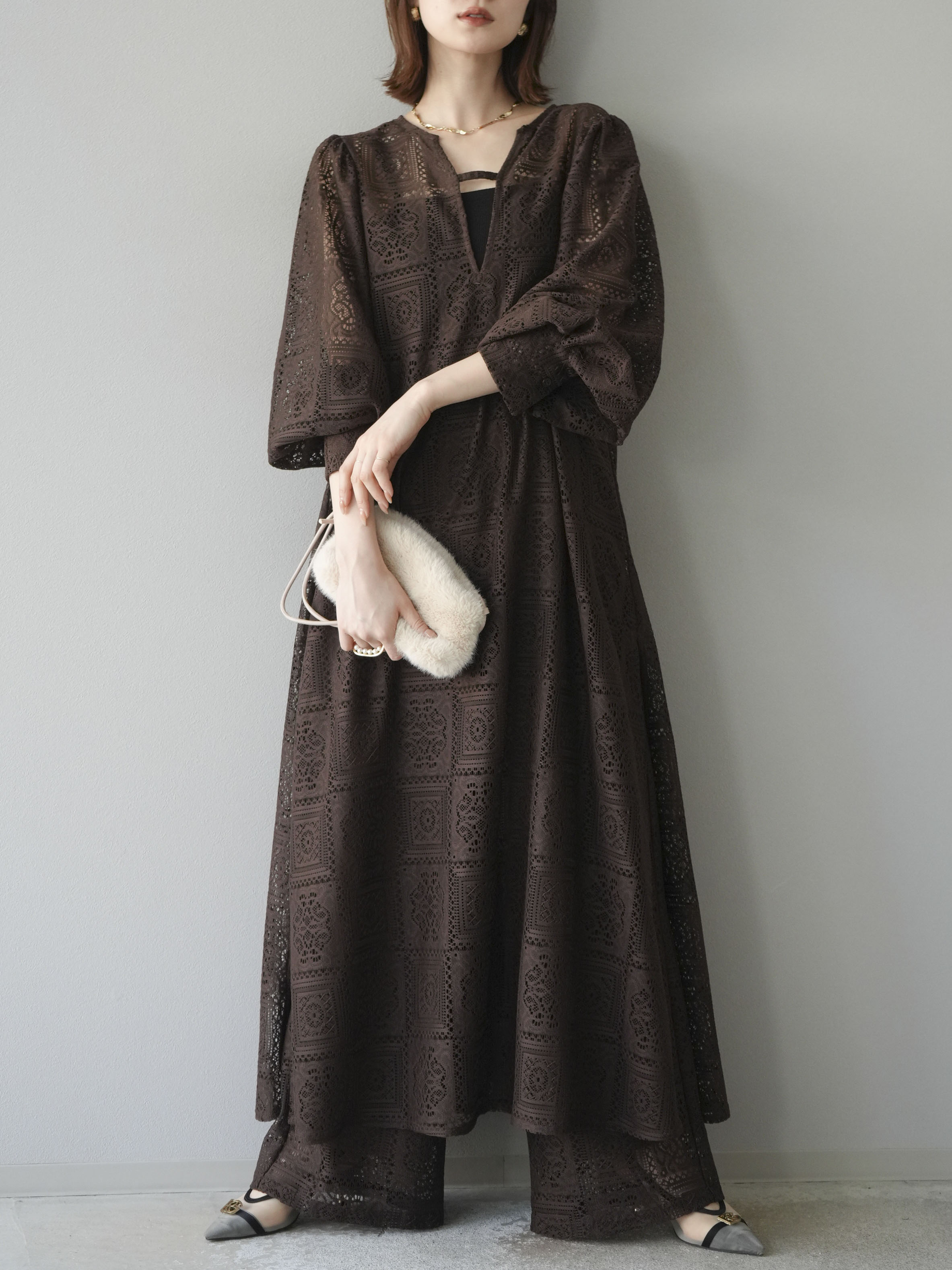 SET]ブロックレースボリュームスリーブワンピース+ブロックレース