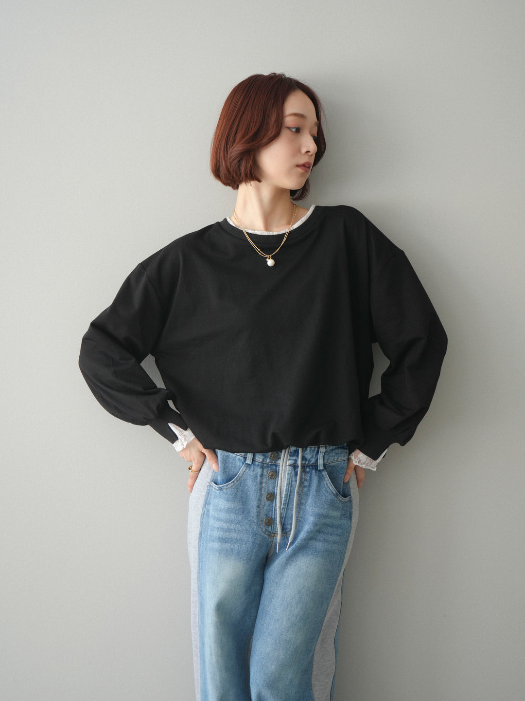 [予約]袖レースカットバルーンプルオーバー/black