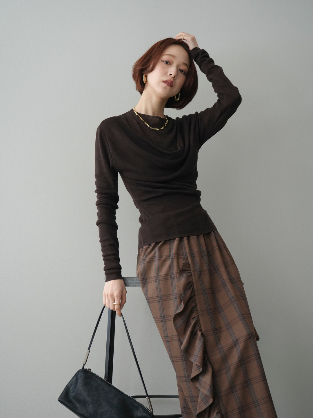 [予約]ボトルネックドレープレイヤードニットトップス/brown
