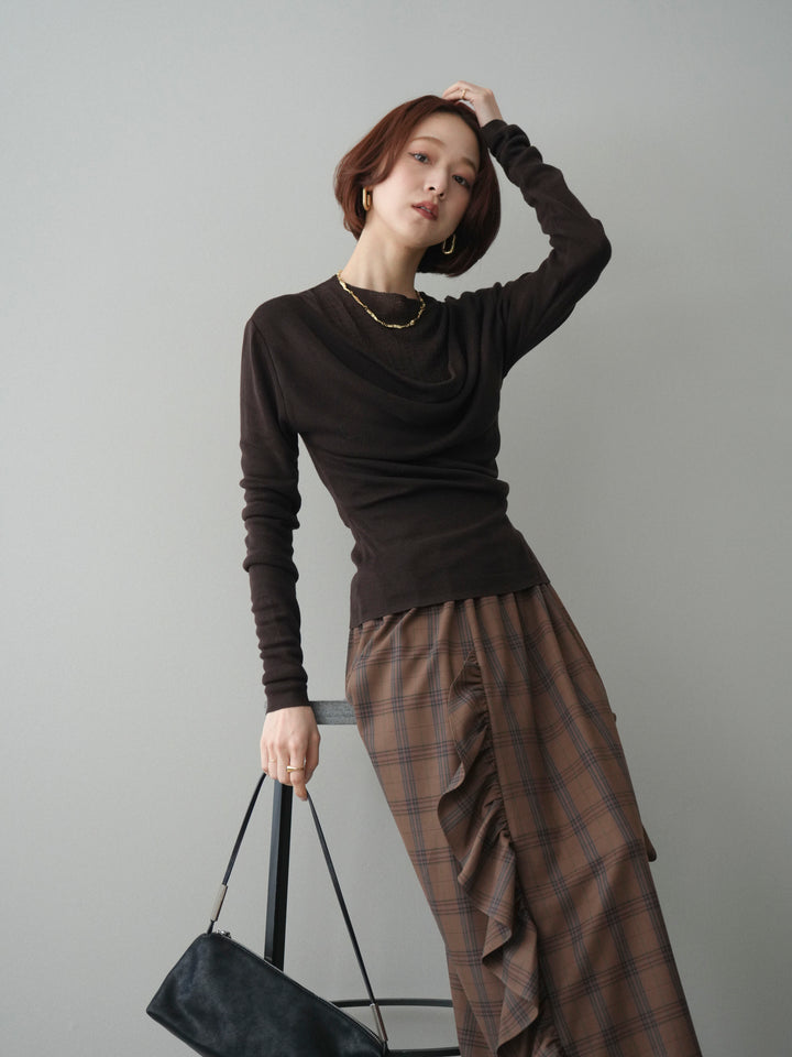 [予約]ボトルネックドレープレイヤードニットトップス/brown
