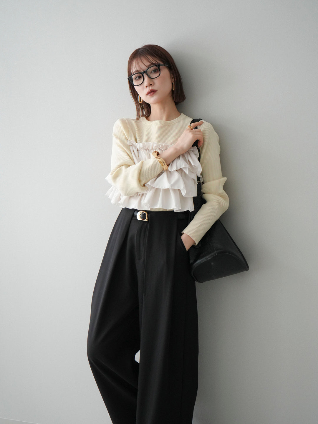 [SET]フリルビスチェドッキングスポンジニットプルオーバー+ベルトループデザインワイドパンツ(2set)