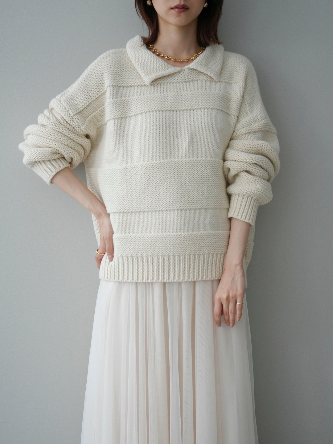 [SET]襟付きボーダー編みニットプルオーバー+チュールボリュームスカート(2set)