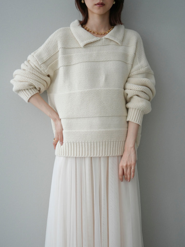 [SET]襟付きボーダー編みニットプルオーバー+チュールボリュームスカート(2set)