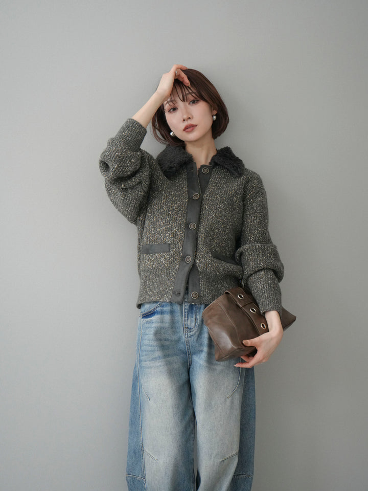 [SET]襟ボアミックスヤーンニットカーディガン+ベルト付カーブデニムパンツ(2set)