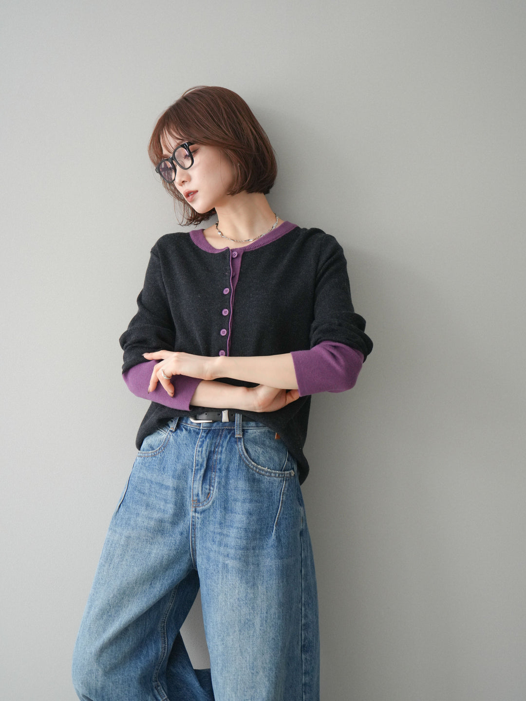 [SET]ヘンリーネック配色ニットソー+ヘンリーネック配色ニットソー(2set)