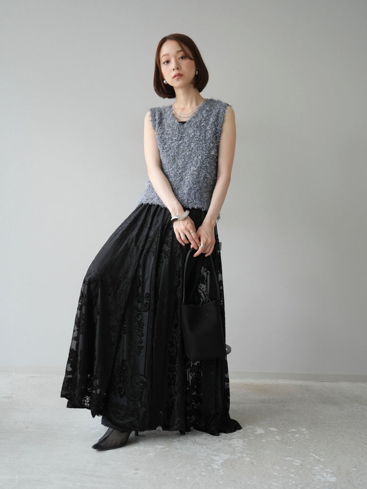 [SET]テープヤーンフリンジニットベスト+アンティーク柄フロッキーマキシスカート(2set)