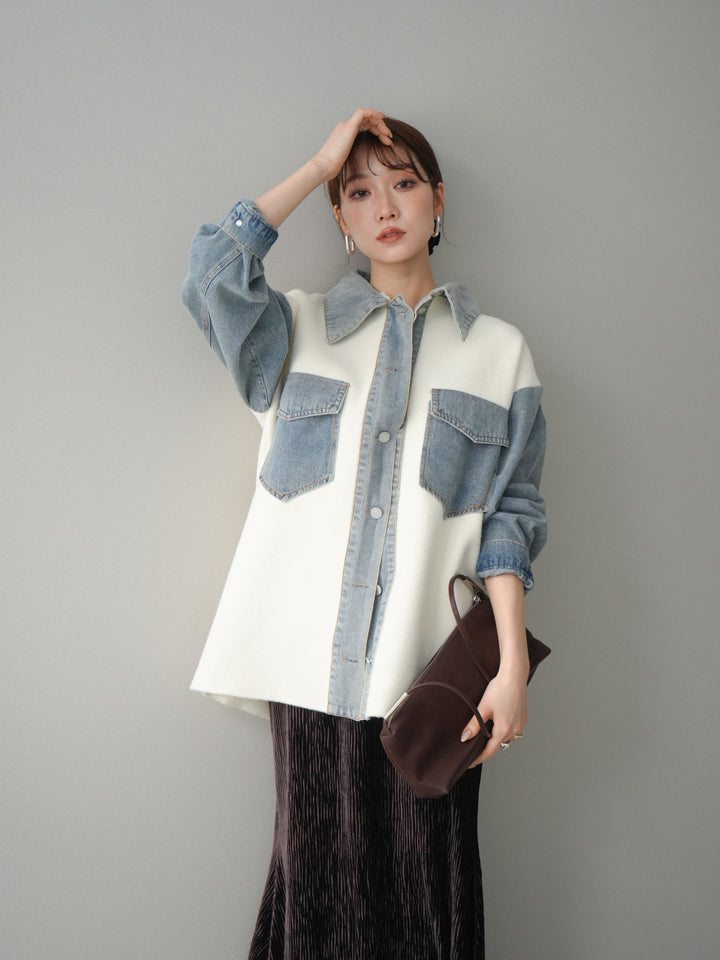 [予約]デニム襟ダブルフェイスニットカーディガン/white