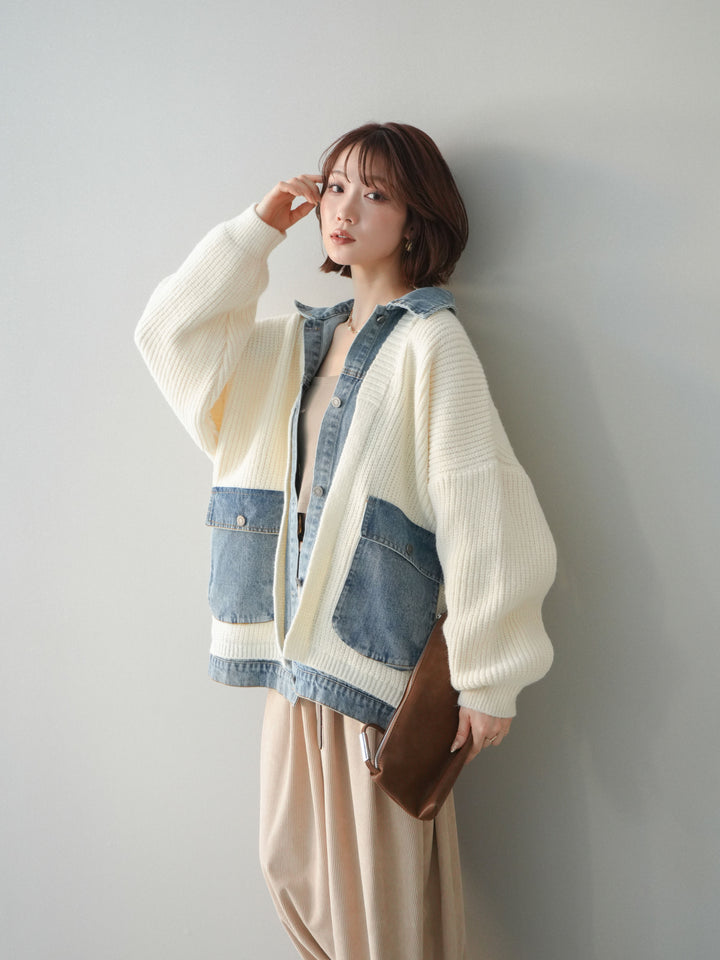 [SET]デニムドッキングオーバーニットジャケット+コーデュロイサイドタックコクーンパンツ(2set)