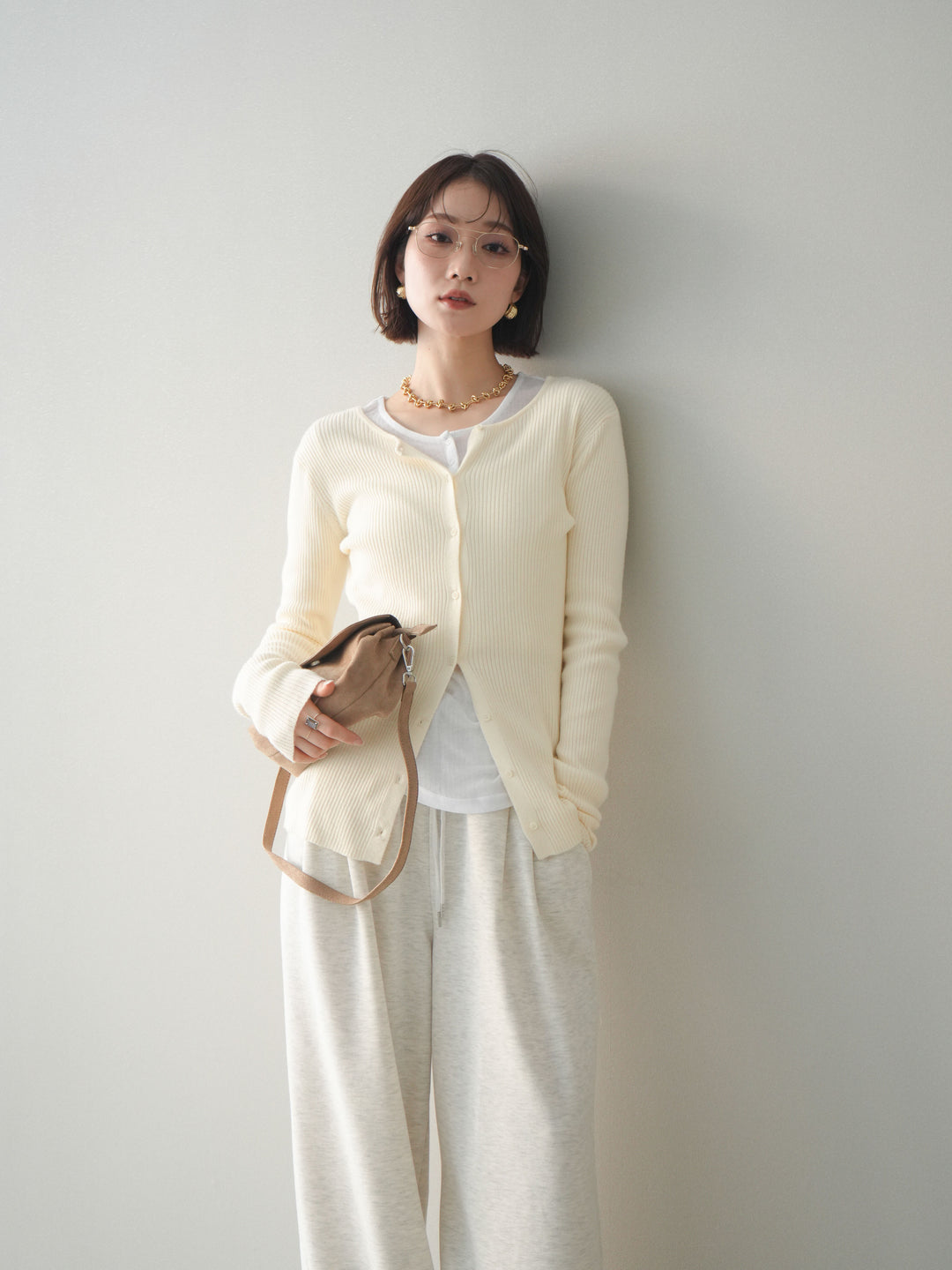 [予約]前後2WAYリブ編みクルーネックカーディガン/ivory