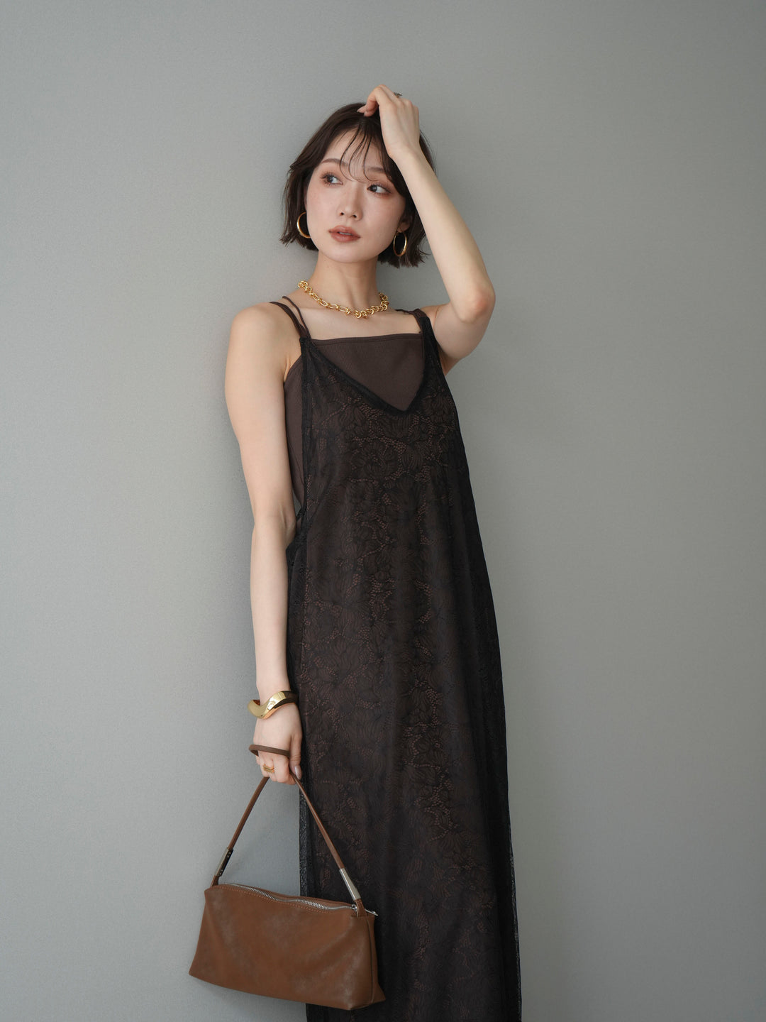 [予約]サテンレースレイヤードキャミワンピース/brown