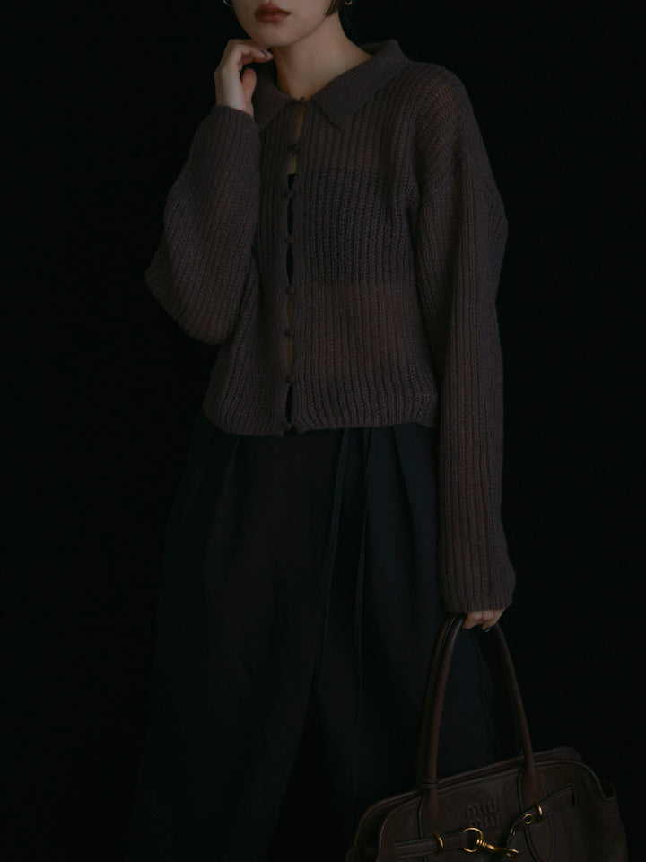 【Allure】[SET]起毛片畦編みシアーポロニット+ラップデザインタックワイドパンツ(2set)