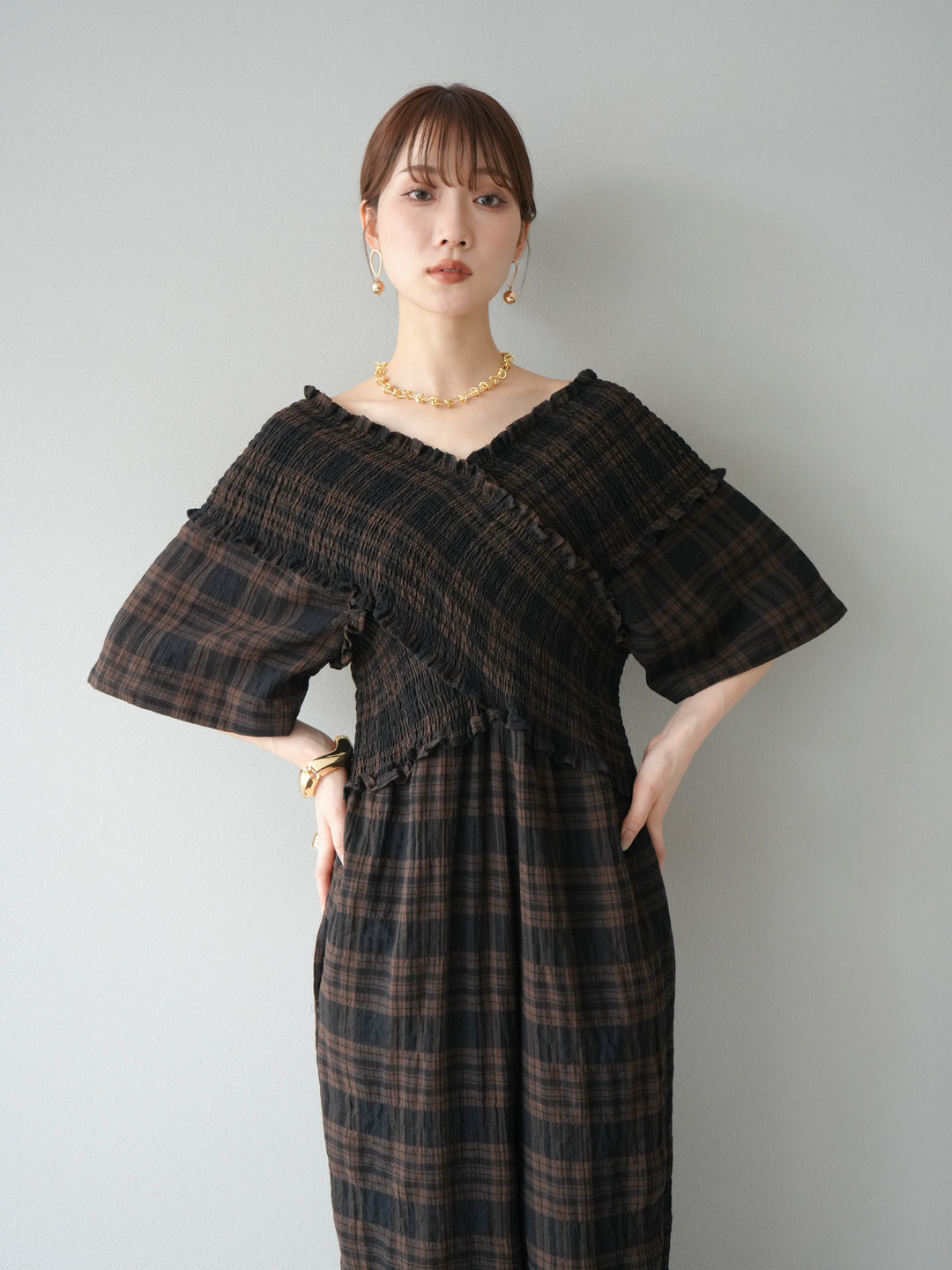[予約]チェック柄ハーフスリーブシャーリングクロスサロペット/ブラウン