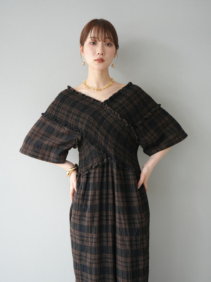[予約]チェック柄ハーフスリーブシャーリングクロスサロペット/ブラウン
