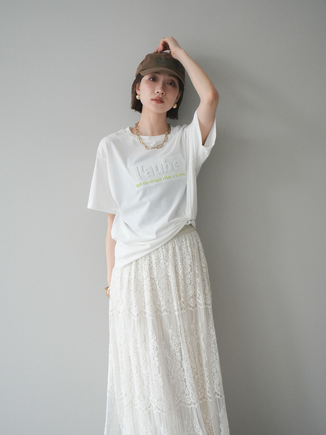 [SET]エンボスロゴTEE+裏プリーツ総レースロングスカート(2set)