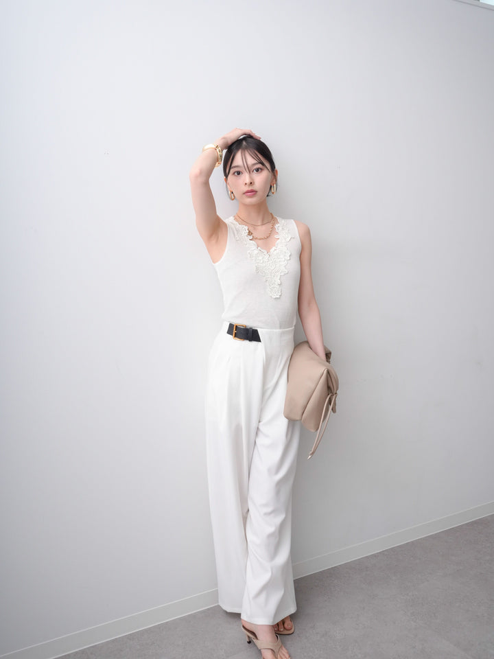 [SET]フラワーレースVネックリブニットタンクトップ+アシンメトリーベルトタックワイドパンツ(2set)