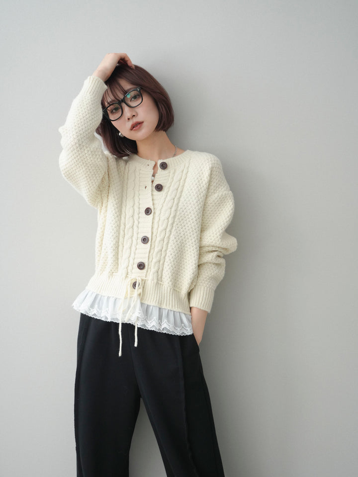 [SET]裾レースケーブルニットカーディガン+2WAYデザインスウェットパンツ(2set)