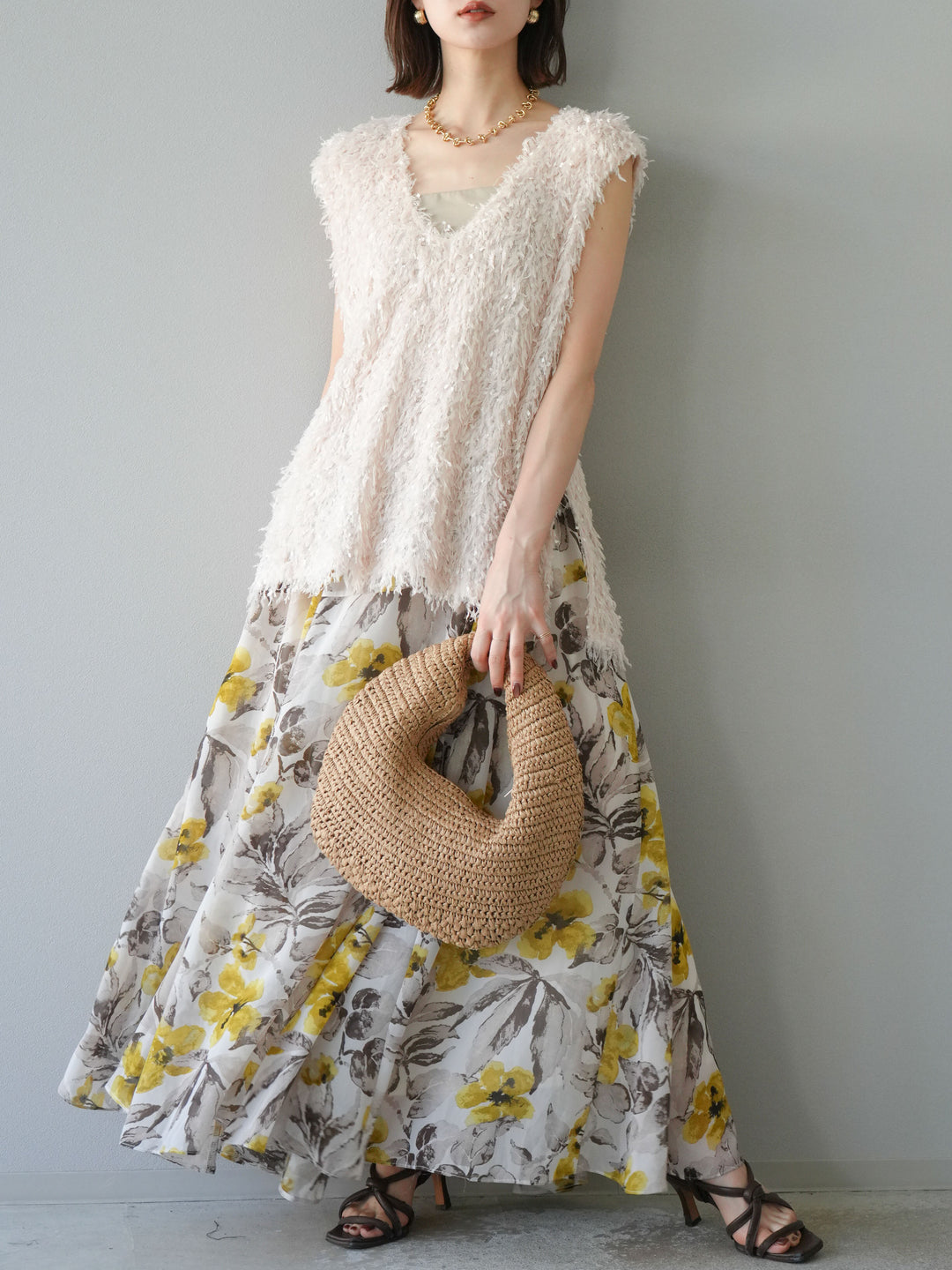 [予約]フラワープリントボリュームフレアスカート/イエロー
