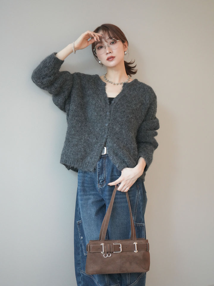 [予約]キーネックシャギーニットカーディガン/gray