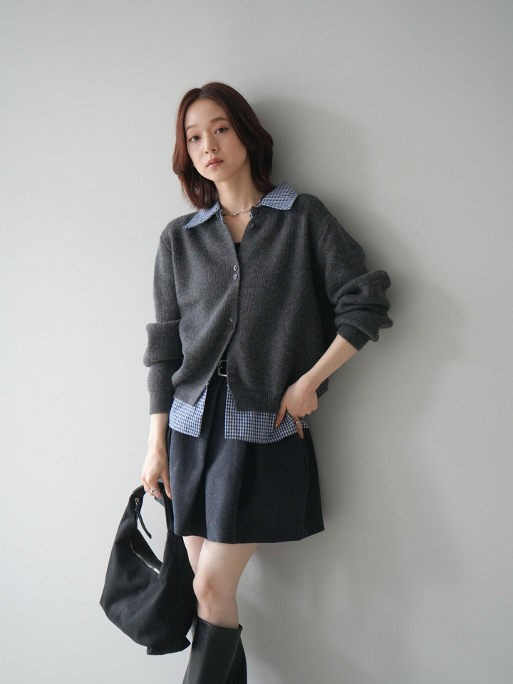 [SET]チェックシャツ襟ニットカーディガン+ベルト付きタックミニスカート(2set)