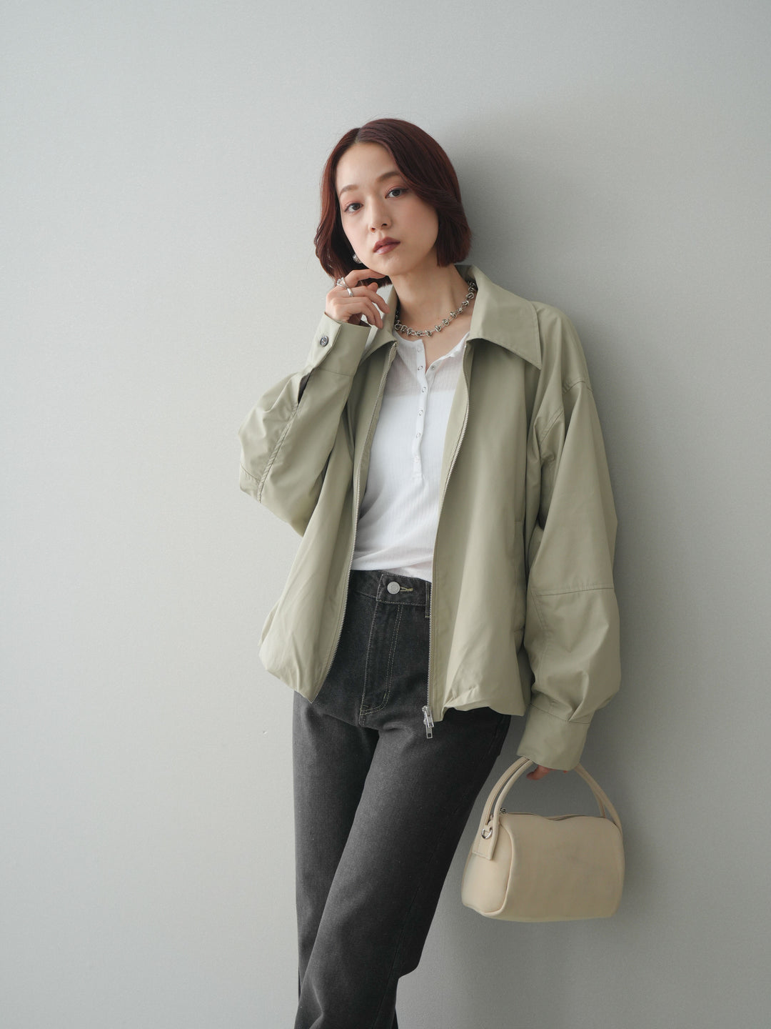 [予約]ウォッシャブルフェイクレザーバルーンジャケット/ecru