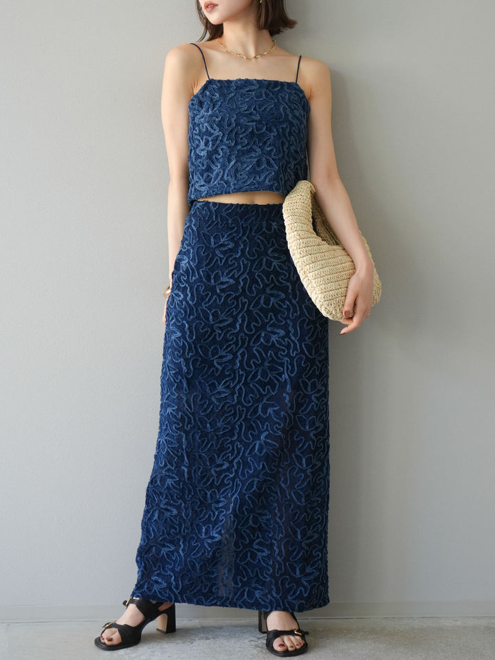 [予約]パイピングフラワーシアーベロアスカート/ネイビー