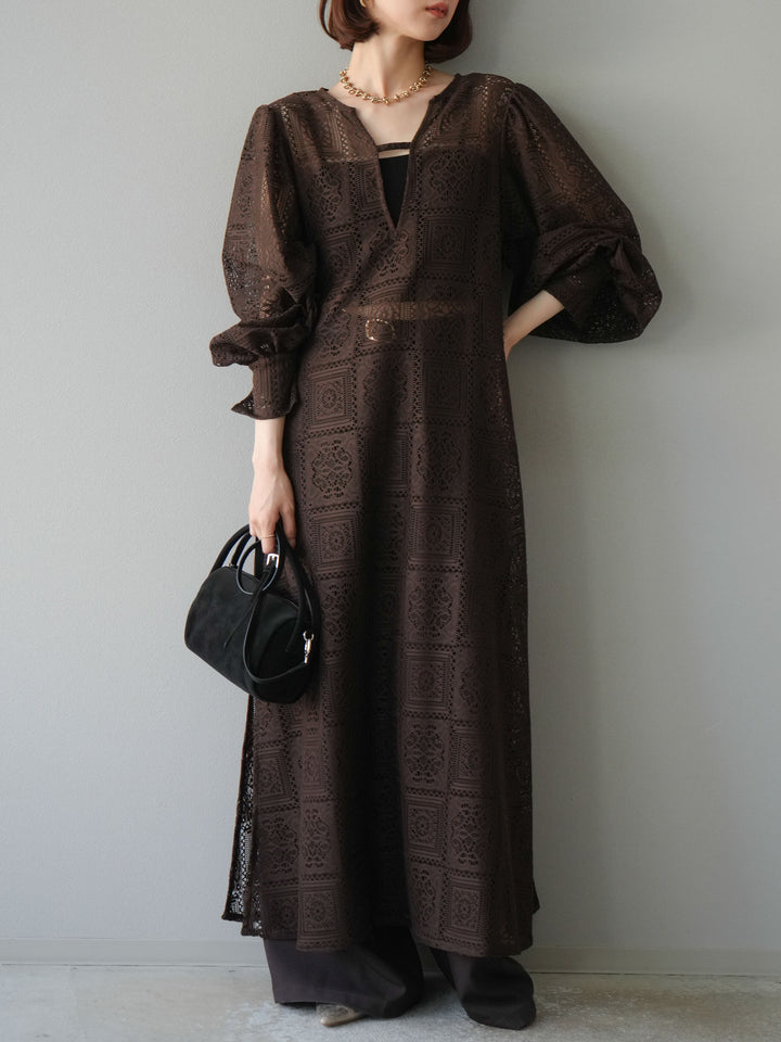 [予約]ブロックレースボリュームスリーブワンピース/ブラウン