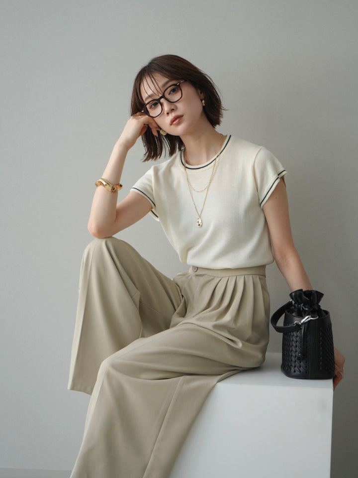 [SET]配色ハーフスリーブニットトップス+メニータックワイドパンツ(2set)