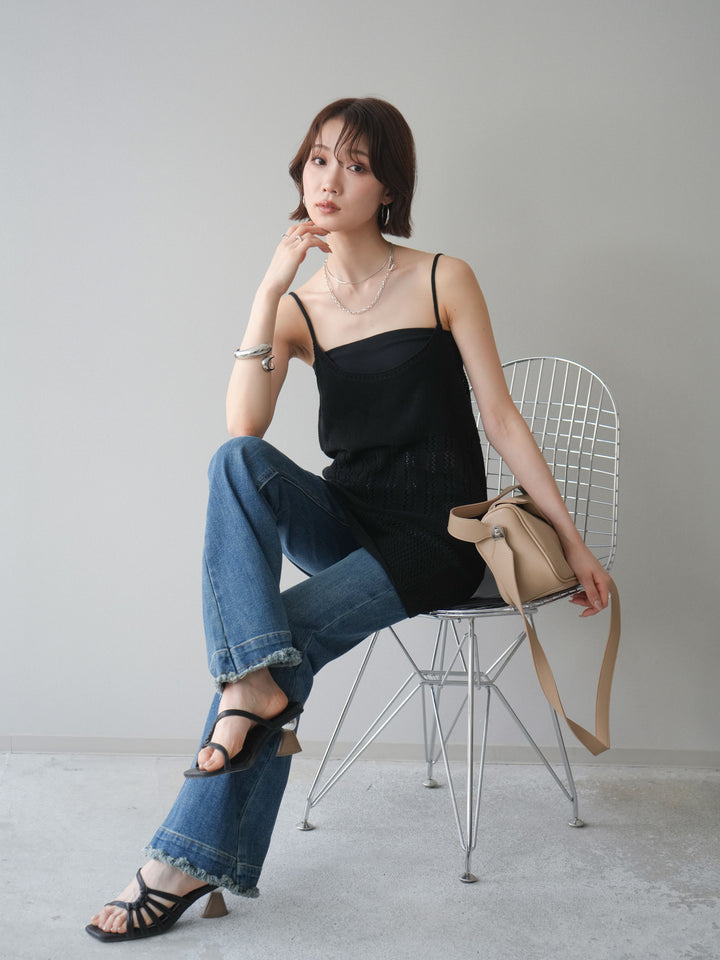 [予約]ランダム透かし編みニットキャミソール/black