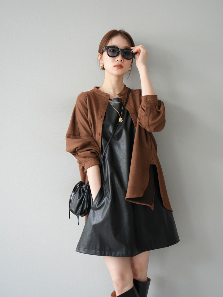 [SET] 麂皮立領外套襯衫 + 附單肩包皮革迷你連身裙（2 套）