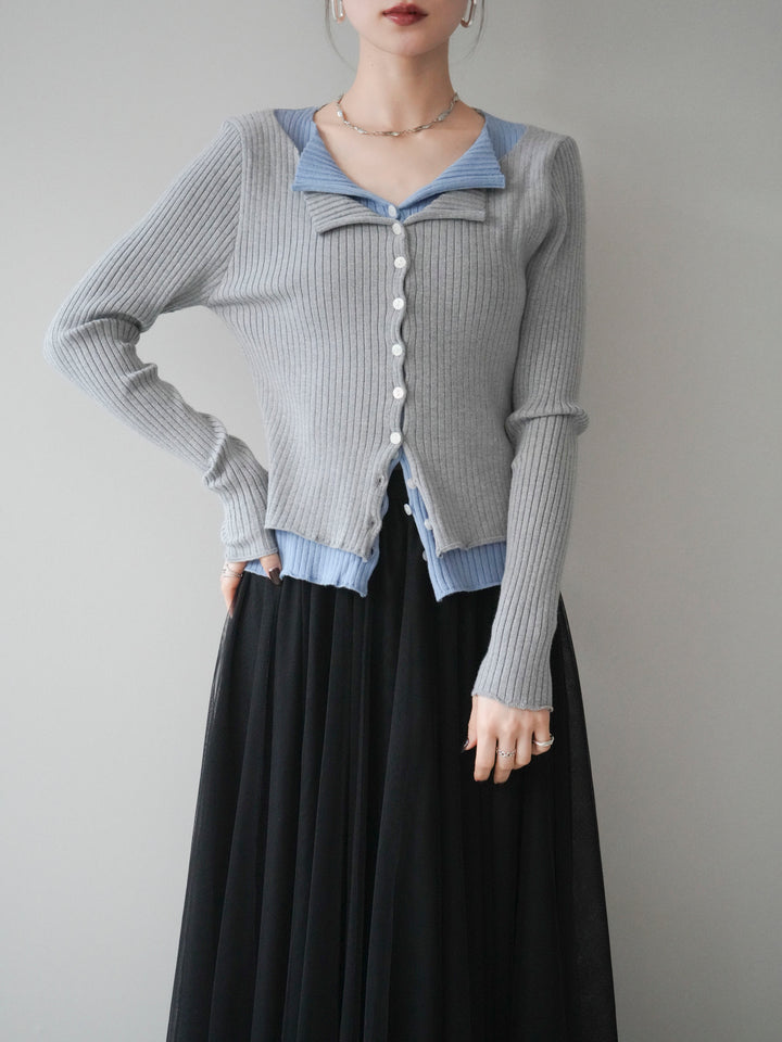 [予約]配色レイヤードリブニットカーディガン/gray