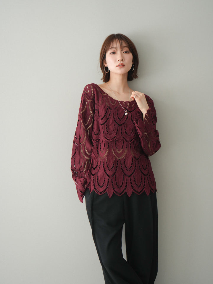 [予約]透かしコードレースブラウス/bordeaux
