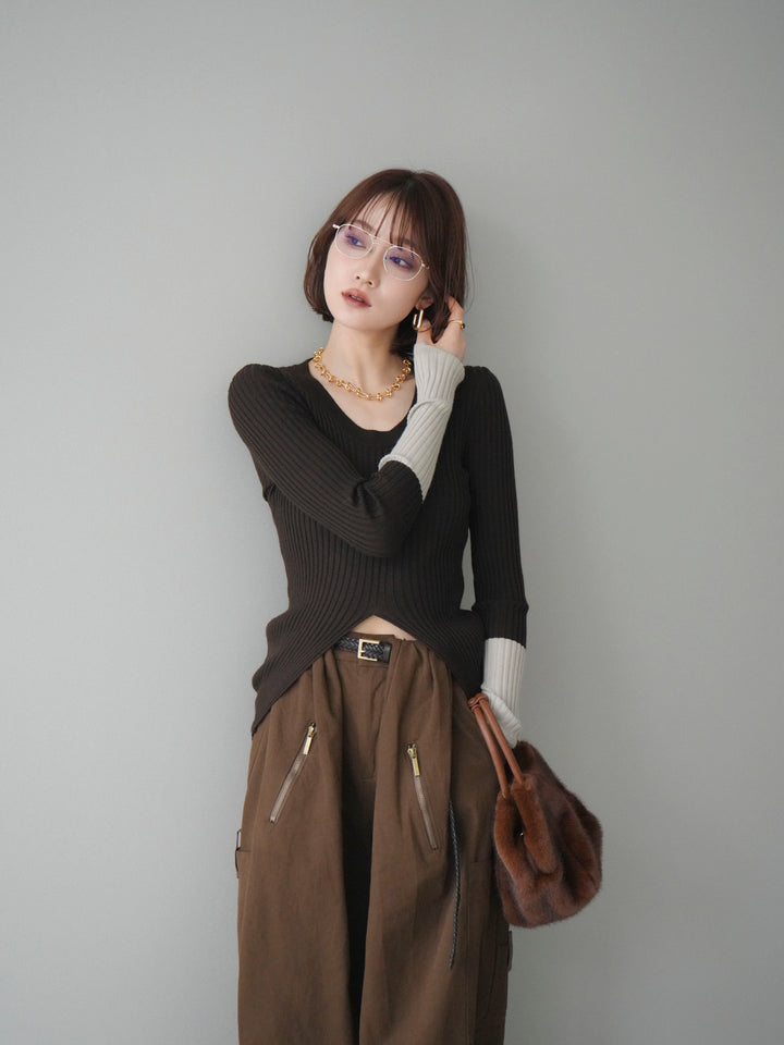 [予約]袖配色ランダムリブフロントスリットニットトップス/brown