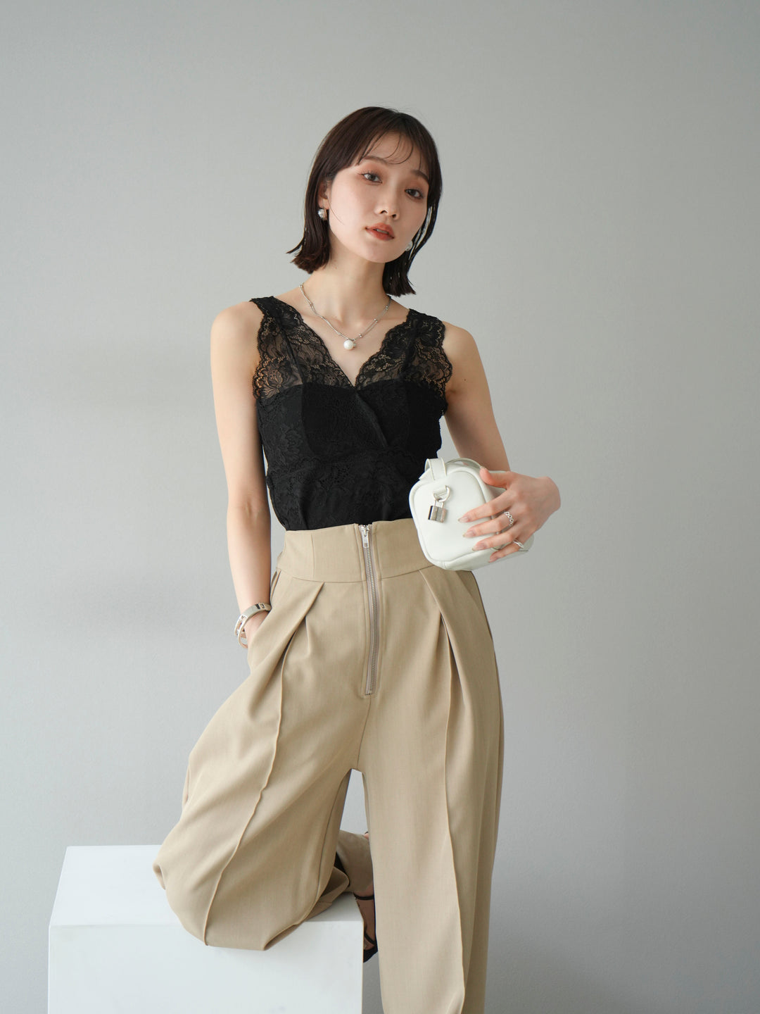 [予約]カップ付レースタンクトップ/ ブラック