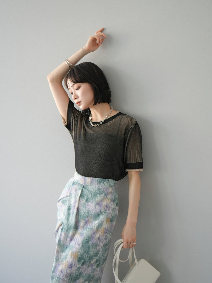 [SET]リネンタッチ配色二重臼ハーフニットトップス+選べるアソート柄スカートセット(2set)