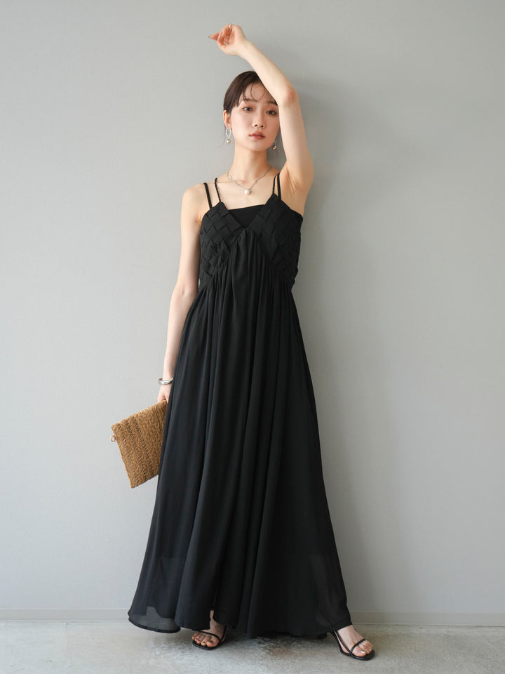 [SET]編み込みデザインシフォンワンピース+カップ付テレコリブベアキャミソール(2set)