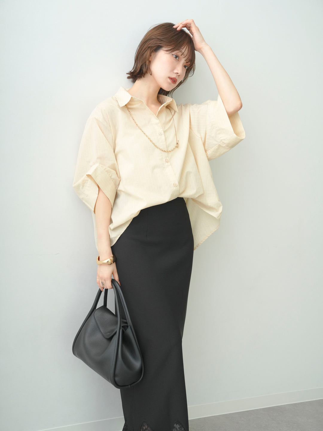 [SET]ストライプハーフオーバーシャツ+レースヘムストレッチIラインスカート(2set)