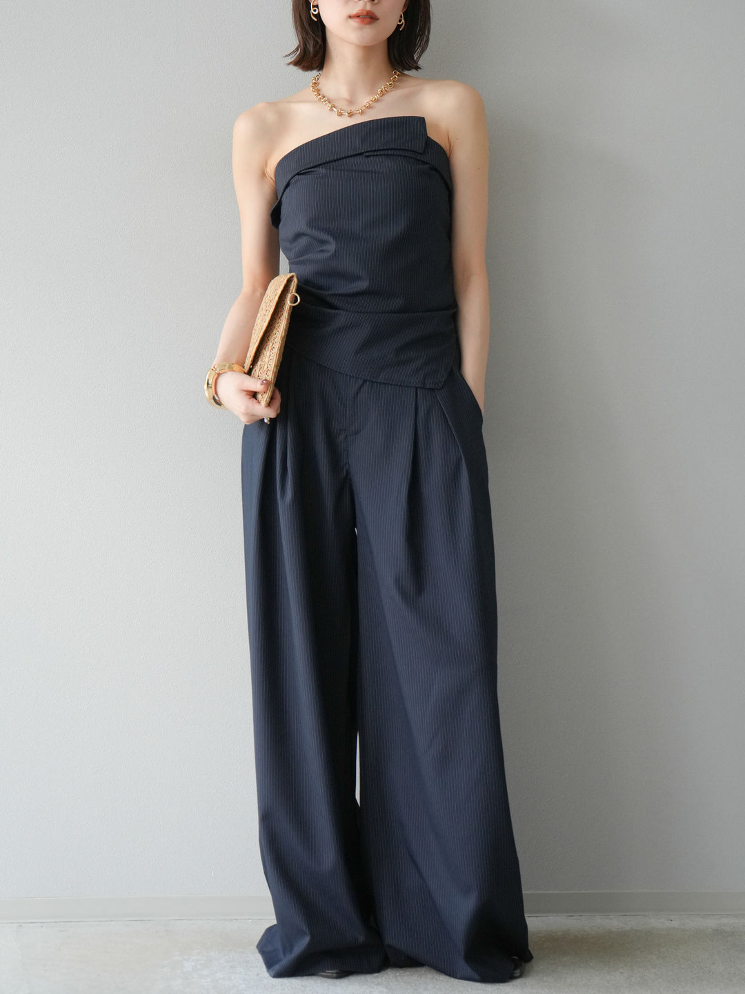 [SET] 條紋褶襉露肩上衣＆寬褲 SET UP (2set)